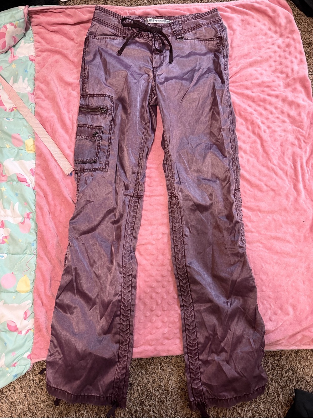 Express Purple Cargo Flare Jeans with Drawstring Waist